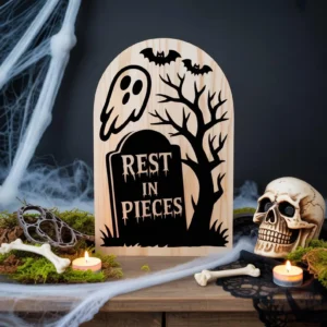 Wooden Halloween Tombstone Sign – Rest in Pieces