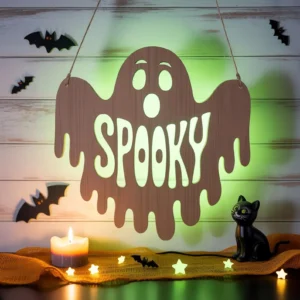 Hanging Wooden Ghost Sign – Spooky Halloween Wall Décor
