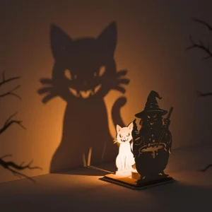 Witch & Black Cat Wooden Shadow Lamp – Halloween Candle Holder