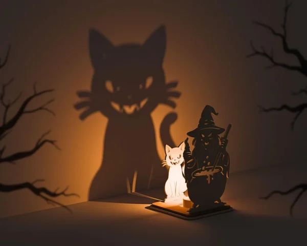 Witch & Black Cat Wooden Shadow Lamp – Halloween Candle Holder