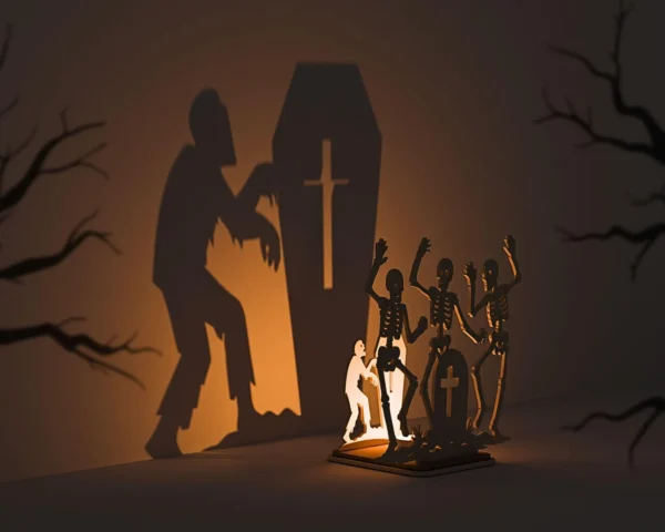 Zombie & Skeleton Wooden Shadow Lamp – Creepy Halloween