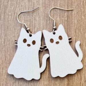 Ghost Cat Wooden Earrings – Halloween Spooky Cat Jewelry