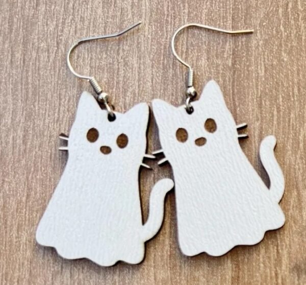 Ghost Cat Wooden Earrings – Halloween Spooky Cat Jewelry