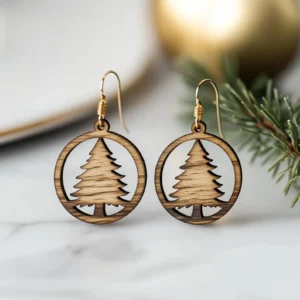 Round Christmas Tree Wooden Earrings – Festive Holiday Jewelry