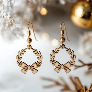 Christmas Wreath Earrings with Bow – Wooden Holiday Jewelry Gift