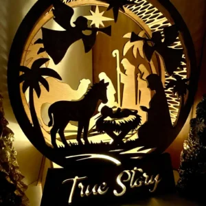 Wooden Nativity Scene Christmas Lamp – Christian Holiday Decor “True Story” Light