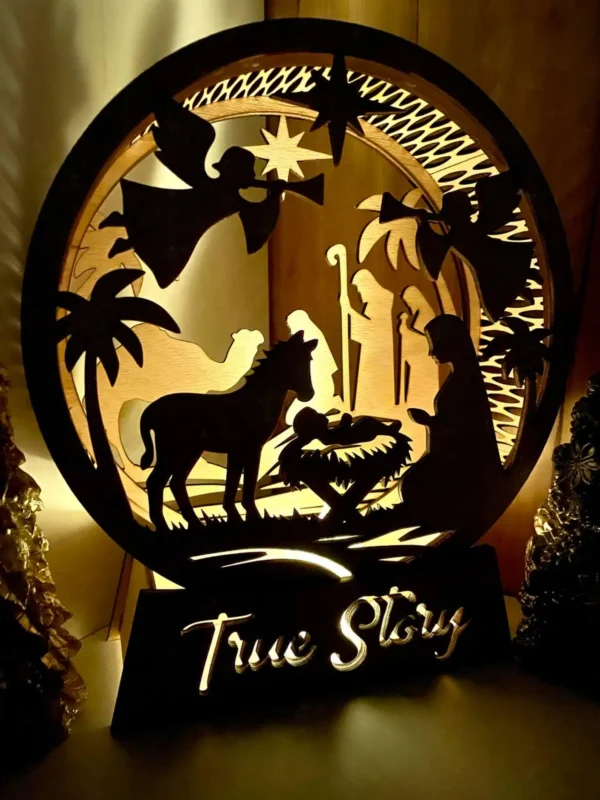 Wooden Nativity Scene Christmas Lamp – Christian Holiday Decor “True Story” Light