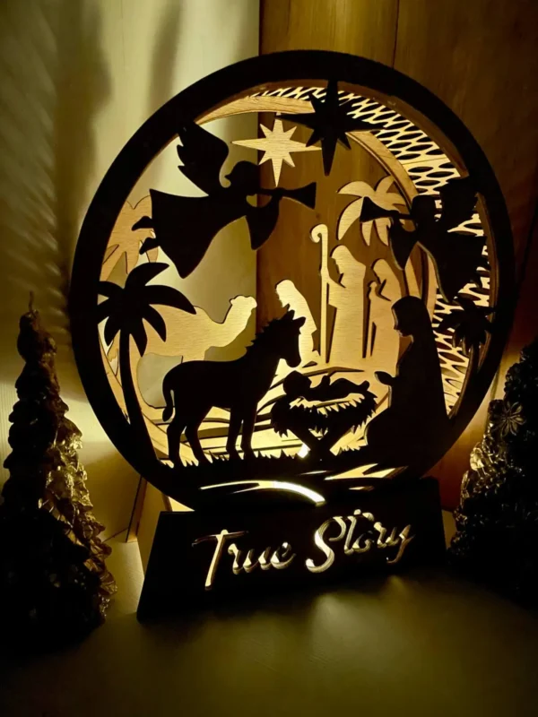 Wooden Nativity Scene Christmas Lamp – Christian Holiday Decor “True Story” Light