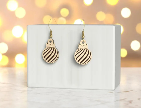 Wooden Christmas Ornament Earrings – Holiday Bauble Jewelry, Lightweight Christmas Gift