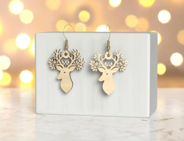 Wooden Reindeer Earrings – Holiday Antler Jewelry, Rustic Christmas Gift for Her