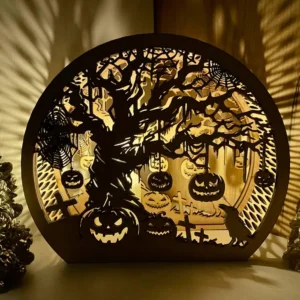 Halloween Wooden Lantern – Haunted Tree Laser Engraved Decor