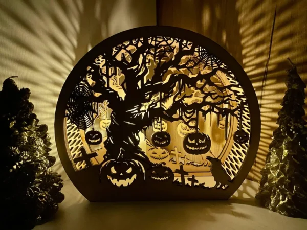 Halloween Wooden Lantern – Haunted Tree Laser Engraved Decor