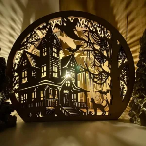 Halloween Wooden Lantern – Haunted House Engraved Decoration