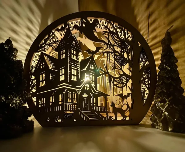 Halloween Wooden Lantern – Haunted House Engraved Decoration