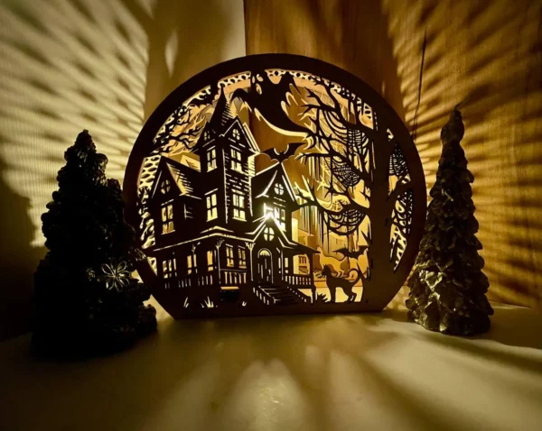 Halloween Wooden Lantern – Haunted House Engraved Decoration