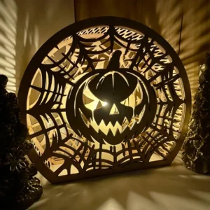 Halloween Wooden Lantern – Pumpkin & Spider Web Engraved Light