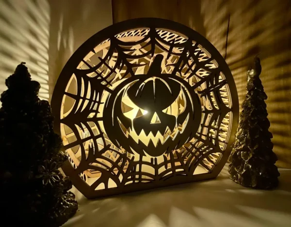 Halloween Wooden Lantern – Pumpkin & Spider Web Engraved Light
