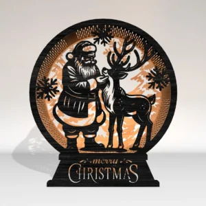 Wooden Christmas Lamp – Santa with Reindeer Holiday Decoration & Festive Light