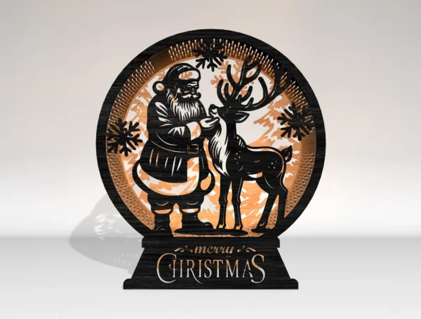 Wooden Christmas Lamp – Santa with Reindeer Holiday Decoration & Festive Light