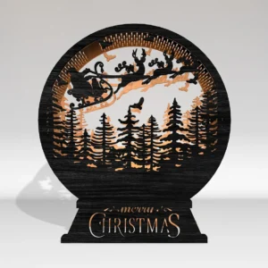 Santa Sleigh Flying Over Forest Wooden Lamp – Christmas Night Holiday Decor