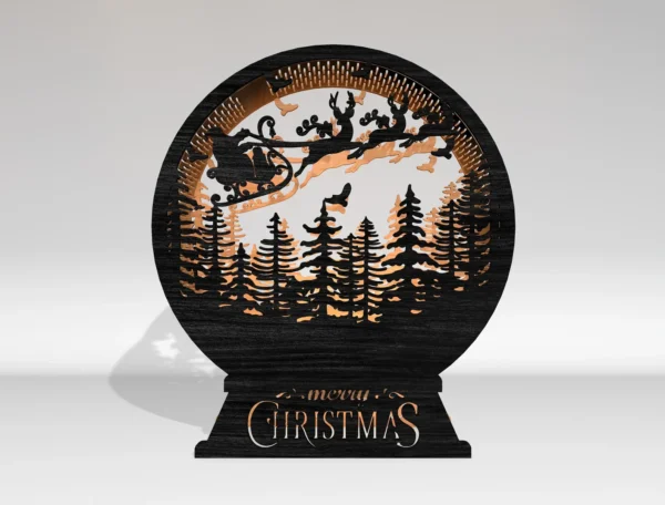Santa Sleigh Flying Over Forest Wooden Lamp – Christmas Night Holiday Decor