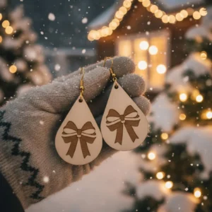 Wooden Bow Earrings – Christmas Teardrop Jewelry, Festive Holiday Gift