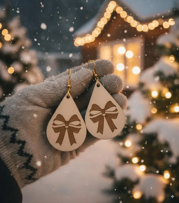 Wooden Bow Earrings – Christmas Teardrop Jewelry, Festive Holiday Gift