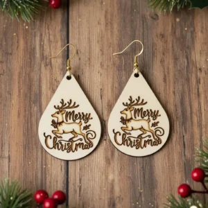 Wooden Reindeer Christmas Earrings – Teardrop Holiday Jewelry, Handmade Festive Gift
