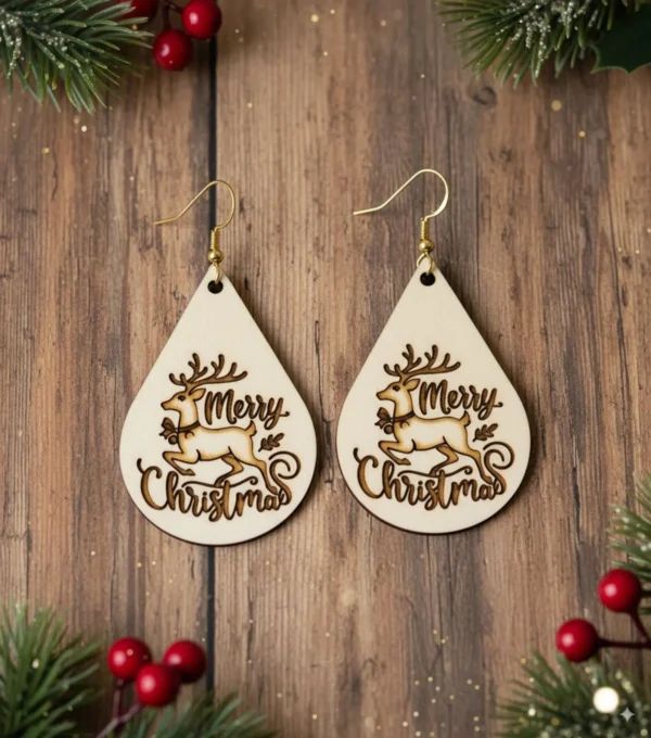Wooden Reindeer Christmas Earrings – Teardrop Holiday Jewelry, Handmade Festive Gift