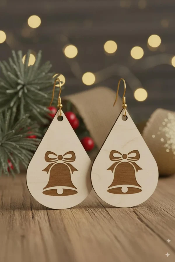 Wooden Christmas Bell Earrings – Festive Teardrop Jewelry, Handmade Holiday Gift