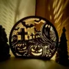 Halloween Wooden Lantern – Ghosts & Pumpkins Graveyard Scene