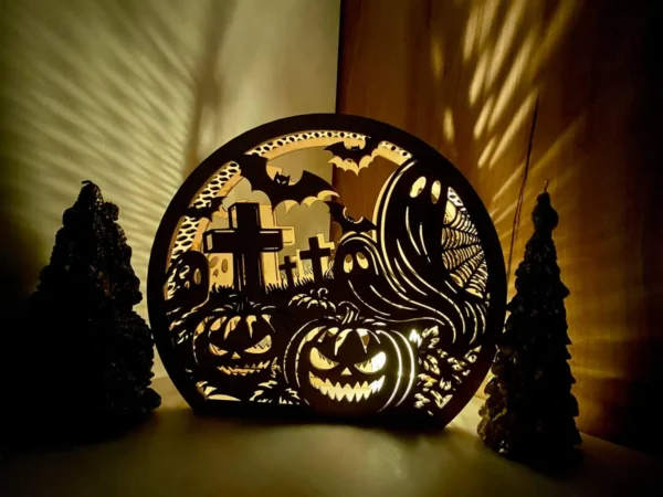 Halloween Wooden Lantern – Ghosts & Pumpkins Graveyard Scene
