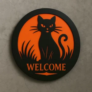 Wooden Black Cat Welcome Sign – Halloween Door & Wall Décor