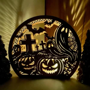 Halloween Wooden Lantern – Ghosts & Pumpkins Graveyard Scene