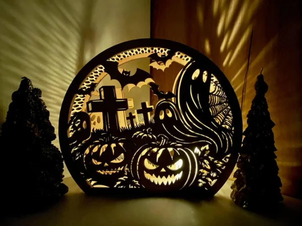 Halloween Wooden Lantern – Ghosts & Pumpkins Graveyard Scene