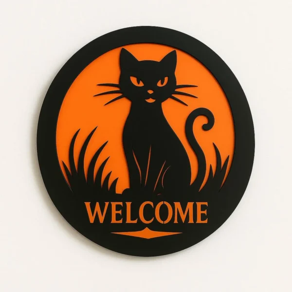 Wooden Black Cat Welcome Sign – Halloween Door & Wall Décor