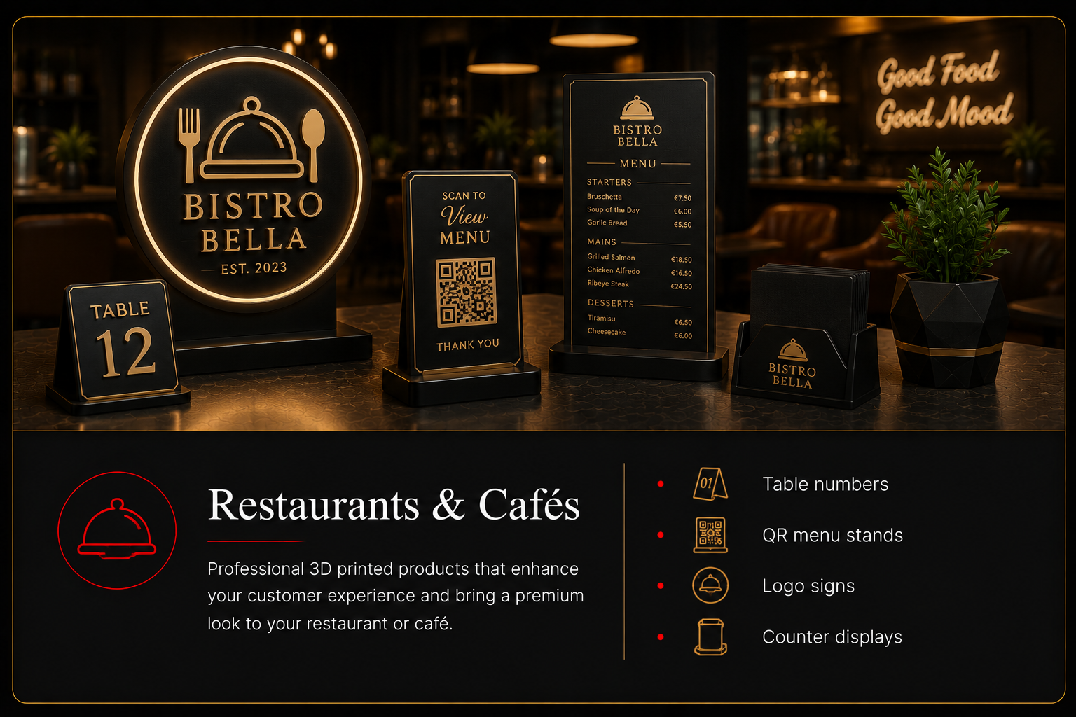 Premium 3D-printed branding products for businesses