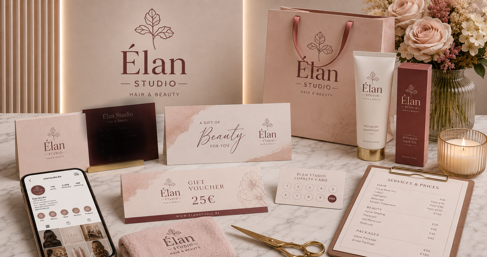 Complete Élan Studio brand identity including salon signage, gift vouchers, loyalty cards, product packaging, price list and branded materials