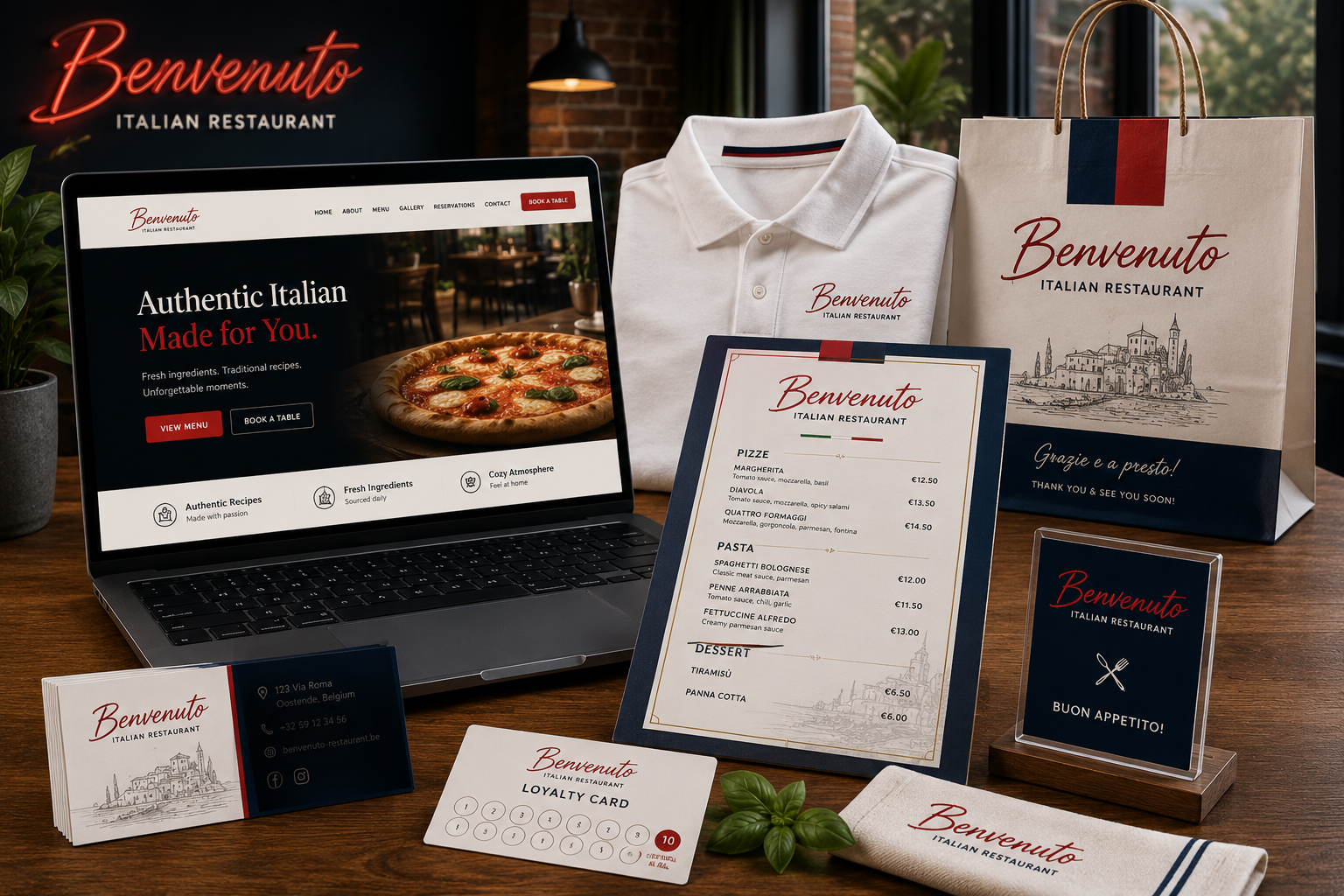 Complete Benvenuto Italian Restaurant brand identity including website, menu, apparel, packaging, business cards and loyalty card