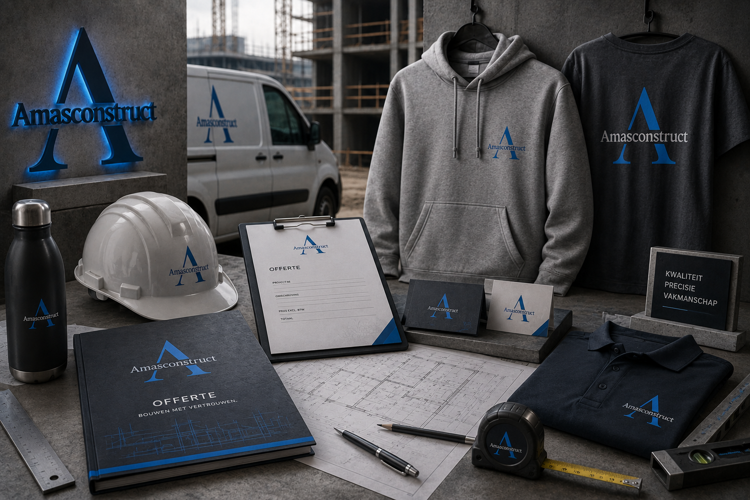 Amas Construct branding applied to workwear, hard hat, quotation documents, vehicle, business cards, tools and construction materials