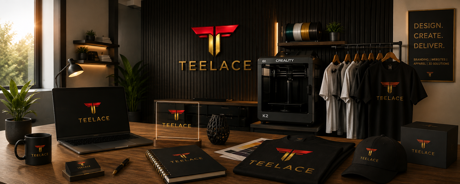 Teelace creative studio showcasing websites, branded clothing, graphic design and 3D printing