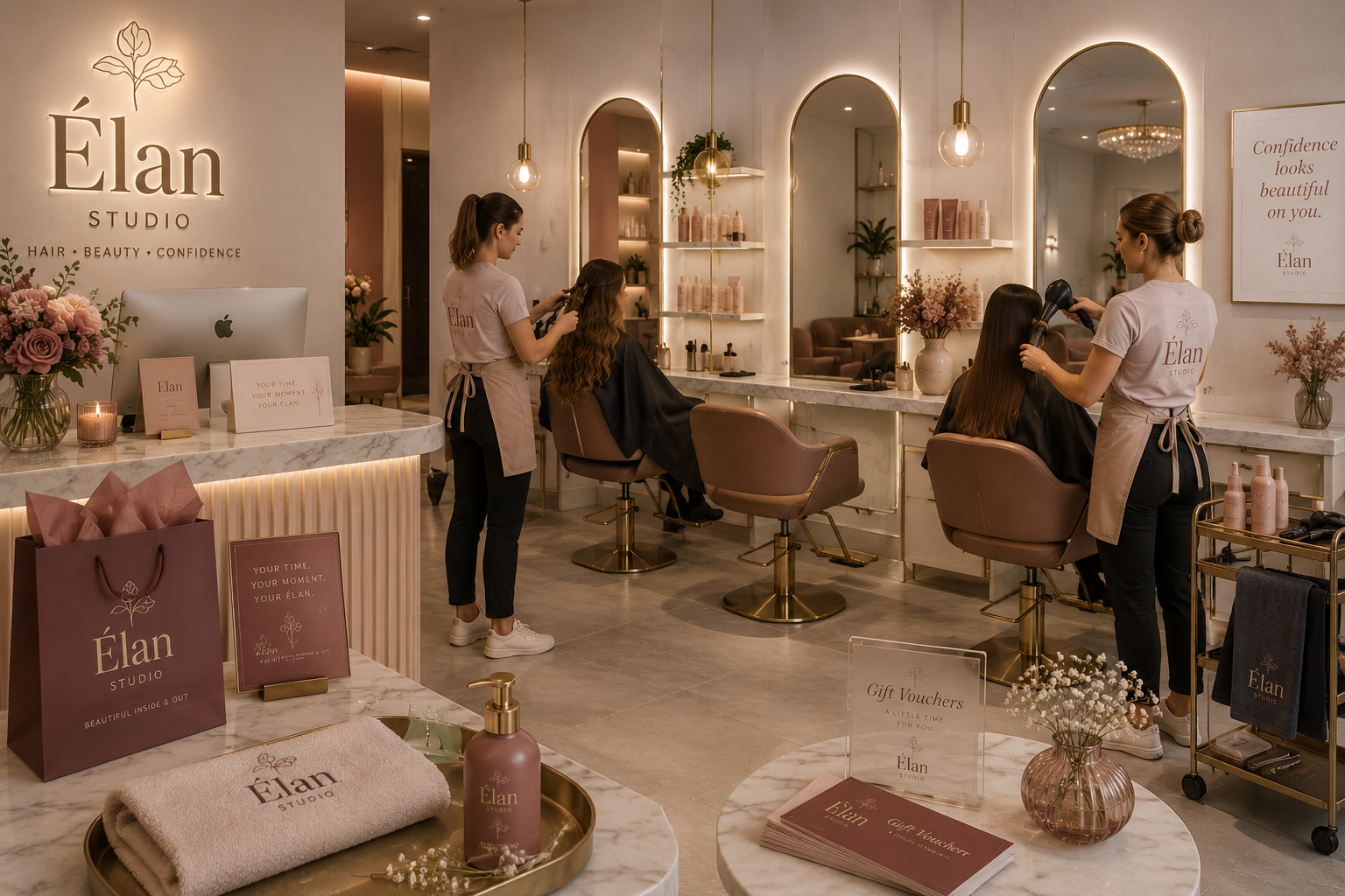Élan Studio branding in use inside an elegant hair salon with branded staff clothing, products, gift vouchers and salon materials