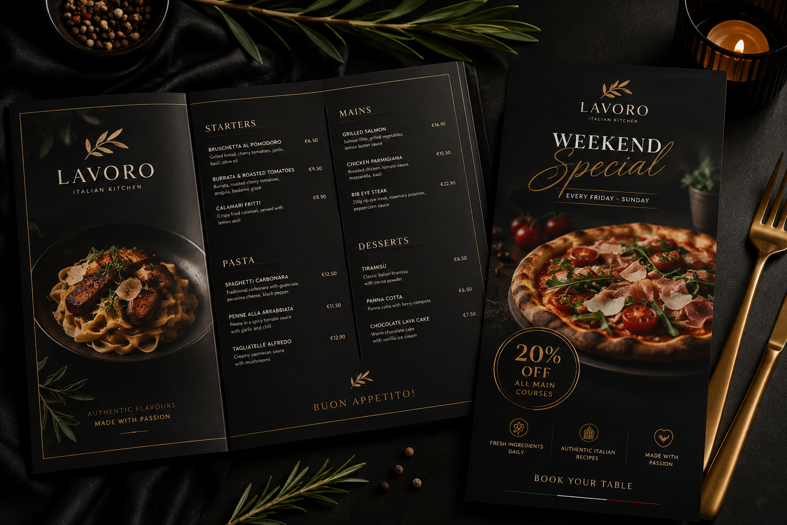 Restaurant menu and promotional flyer design