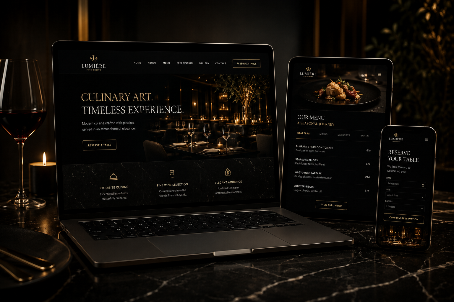 Luxury restaurant responsive website displayed on laptop, tablet and phone