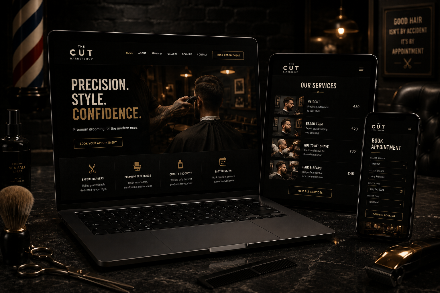Professional barbershop responsive website displayed on laptop, tablet and phone