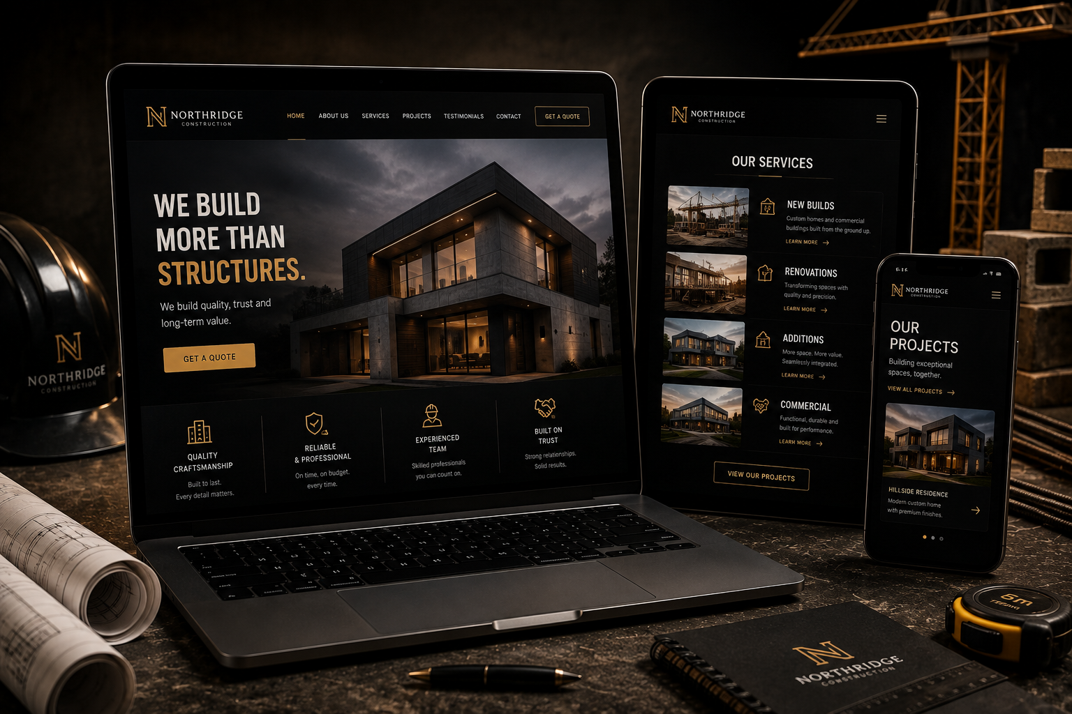 Construction company responsive website displayed on laptop, tablet and phone
