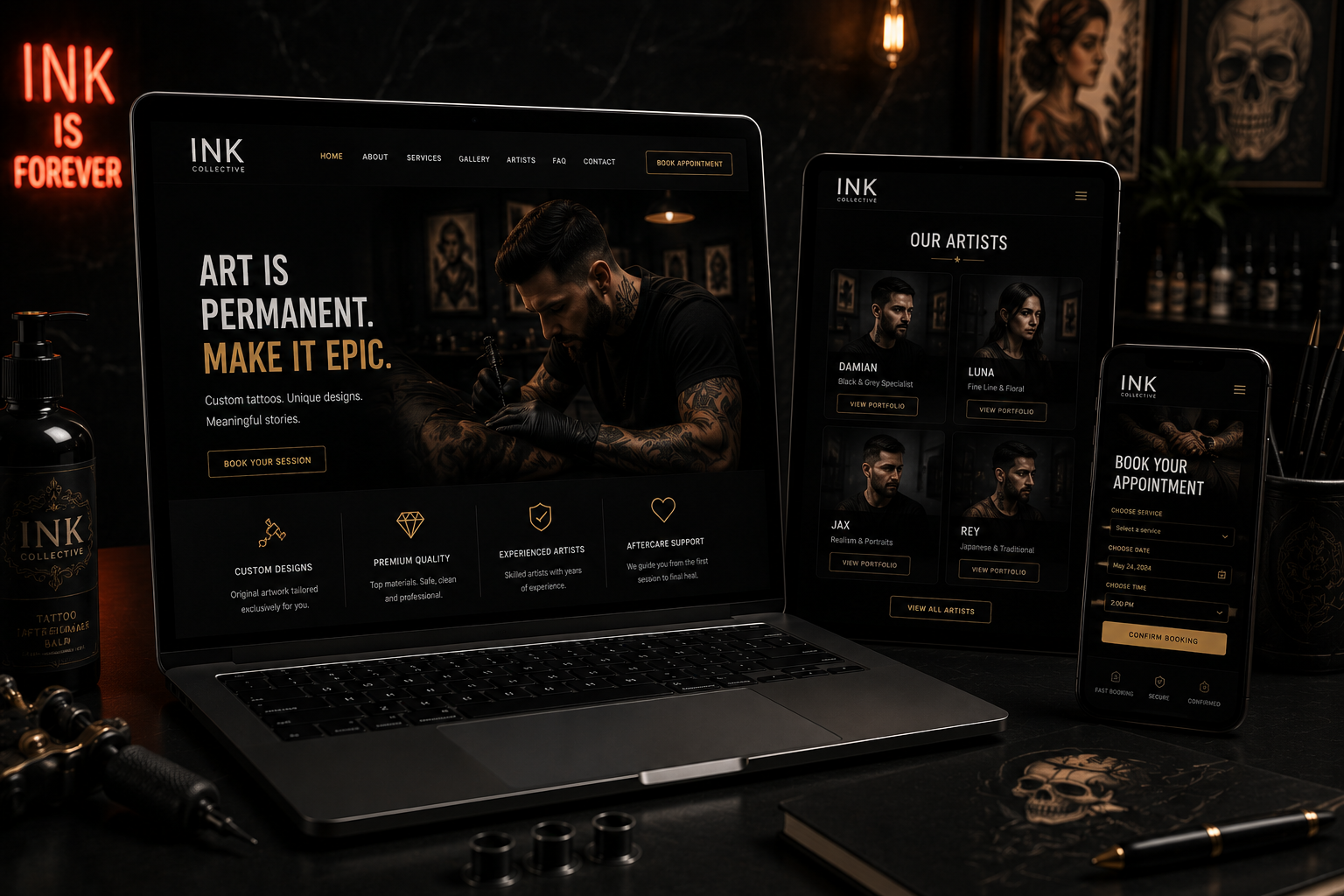 Tattoo studio responsive website displayed on laptop, tablet and phone