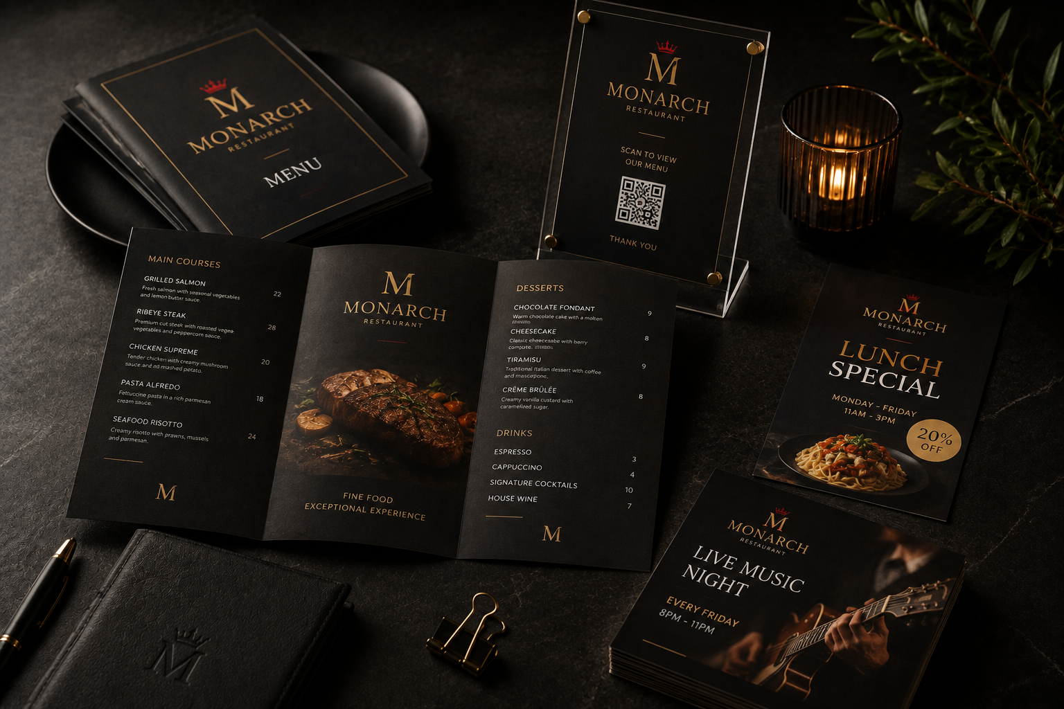 Restaurant menus and promotional print materials