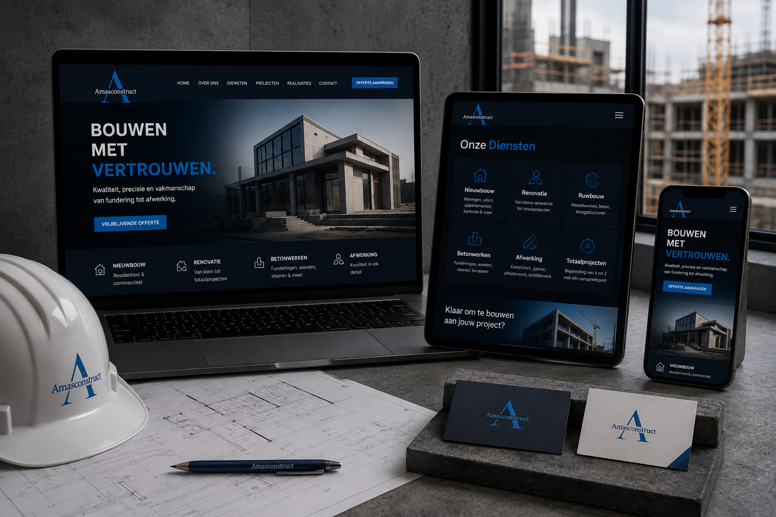 Responsive Amas Construct website displayed on laptop, tablet and mobile phone