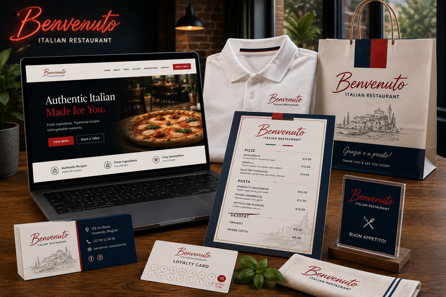 Benvenuto Italian Restaurant responsive website displayed on desktop, tablet and mobile devices